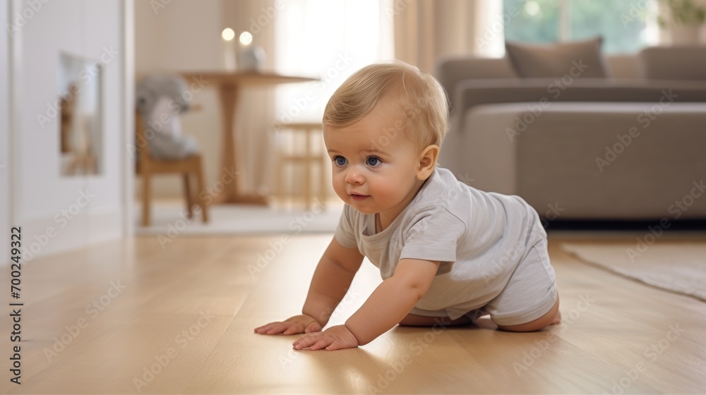 Side view of a 18 months baby crawling on the floor, warm and sweet, Ultra-realistic, Side view of a 18 months baby crawling on the floor, warm and sweet, Ultra-realistic,