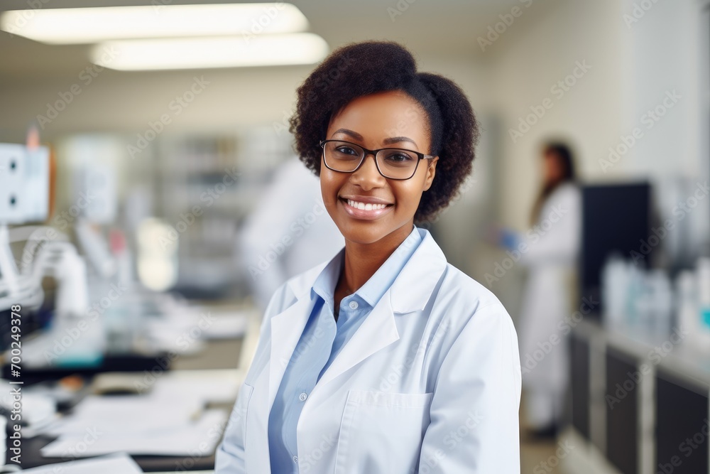 Smiling African American female doctor, working coworkers, laboratory background photo Smiling African American female doctor, working coworkers, laboratory background photo