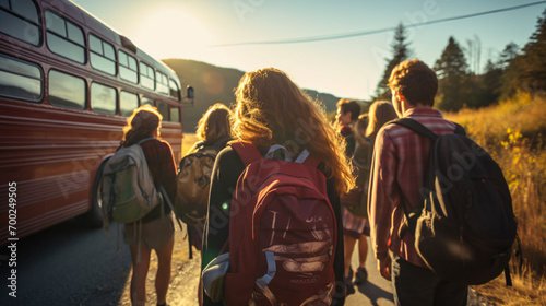 A group of friends embarking on a cross-country bus adventure with backpacks maps and a sense of wanderlust.