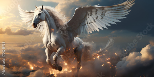 Majestic white horse with wings flying in the sky white horse free had wallpaper image featuring a digitally enhanced life-like avian illustration in the style of dark.AI Generative photo