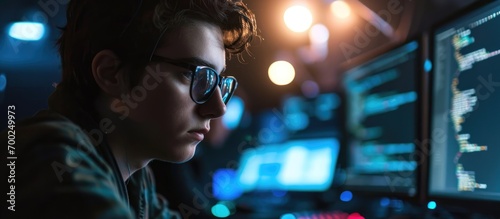 Glasses-wearing youth writing harmful code on multi-screen computer.