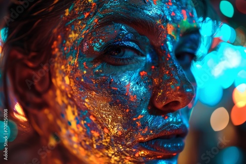 Vivid Neon Paint Profile in Night Ambiance. Profile view of a woman's face with vivid neon paint.
