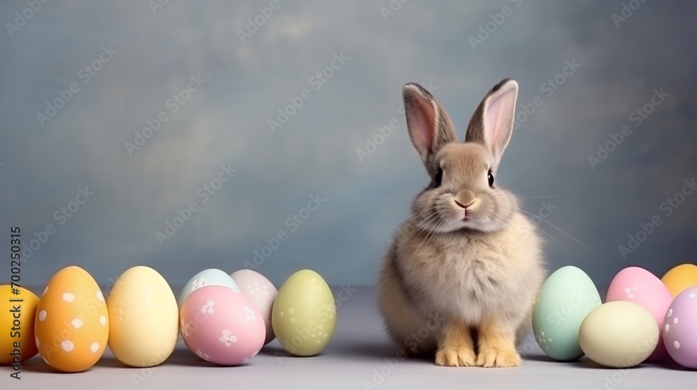 Lovely bunny with pastel colored eggs. Easter greeting card. Lovely bunny with pastel colored eggs. Easter greeting card.