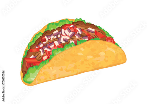 Mexican Taco food with beef and vegetables vector illustration. Taco icon vector isolated on a white background. Traditional mexican fast food drawing. Tortilla filled with meat and vegetables vector