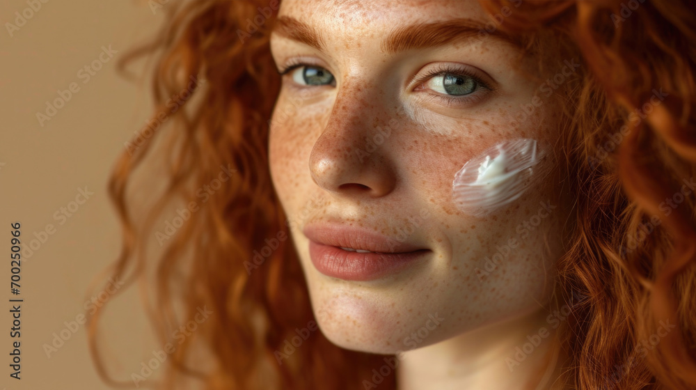 Close-up beauty shot featuring the face of a young redhead woman with a small drop of cream on her skin. Promotional image for a cream emphasizing good skin health. Beige background. Close-up beauty shot featuring the face of a young redhead woman with a small drop of cream on her skin. Promotional image for a cream emphasizing good skin health. Beige background.
