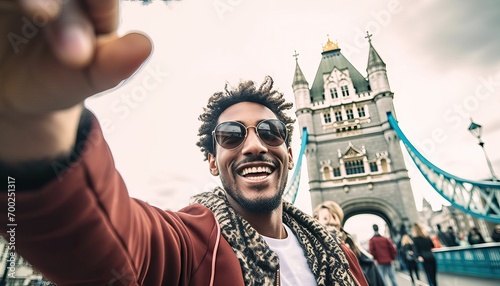 Smiling man taking selfie portrait during travel in London, England , Young tourist male taking memory pic with iconic england landmark , Happy people wandering around Europe