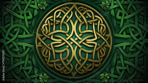 Detailed Vector Illustration of Interlocking Celtic Knots and Shamrocks, Celebrating the Rich Symbolism of Irish Heritage, St. Patrick's Day, on green background
