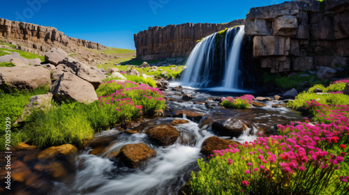A magnificent waterfall cascading down rocky cliffs surrounded by vibrant wildflowers and framed by a clear blue sky.