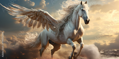Uncord clouds fly Summer cloud pastel Majestic white Pegasus horse flying high above the clouds.AI Generative