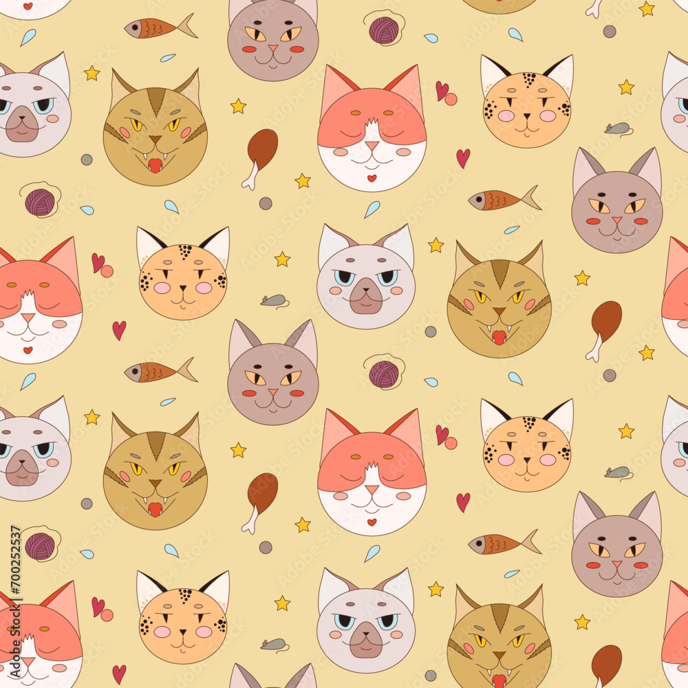 Pattern with cat faces. Cute cats of different breeds.