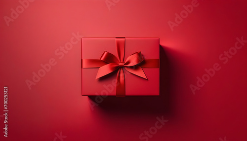 Red gift box with ribbon top view and red background. Ai Generative 