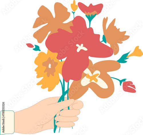 Hand holding bouquet of wildflowers. Stylish decorative design. Blooming flowers. Romantic present for a loved one.