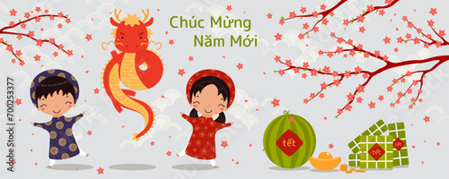 2024 Lunar New Year Tet cute kids in ao dai, dragon, rice cakes, watermelon, gold, peach blossoms, Vietnamese text Happy New Year. Vector illustration. Flat style design. Holiday banner concept