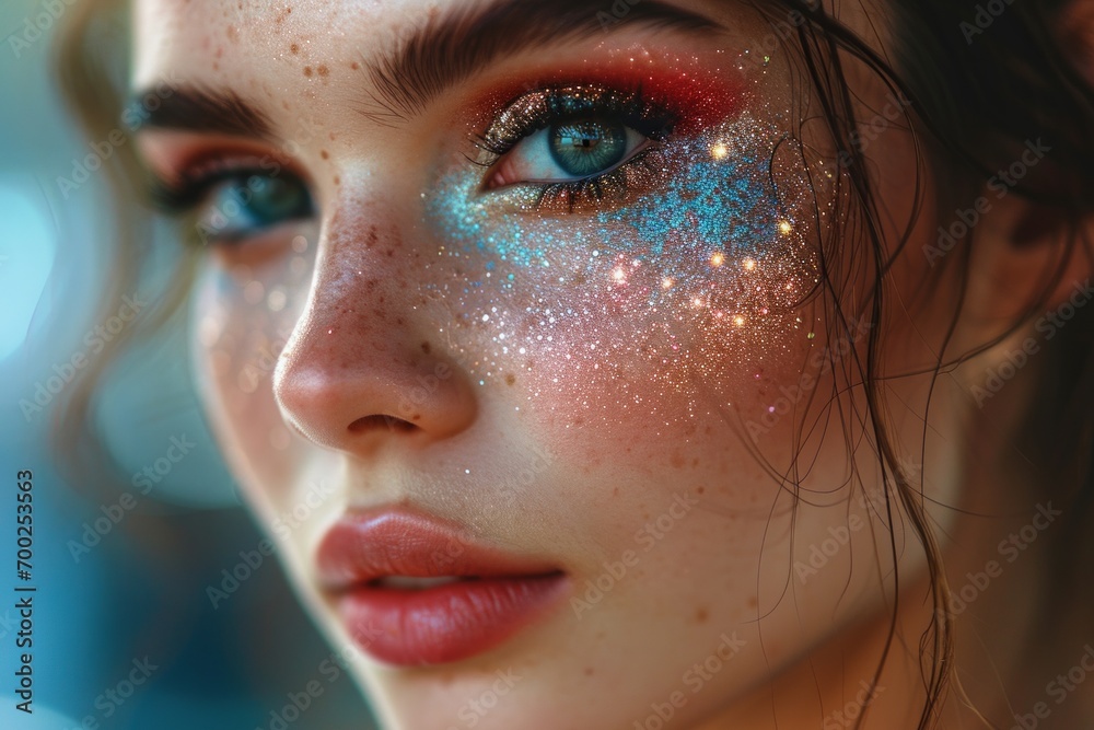 Vibrant Glitter Eye Makeup on Woman.
A woman's face captured with colourful glitter makeup, showcasing a blend of art and fashion.