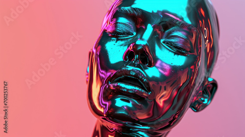 Minimal vaporwave pink futuristic mask portraitwith metallic holographic iridiscent foil A future face as cyberpunk, bionic alien