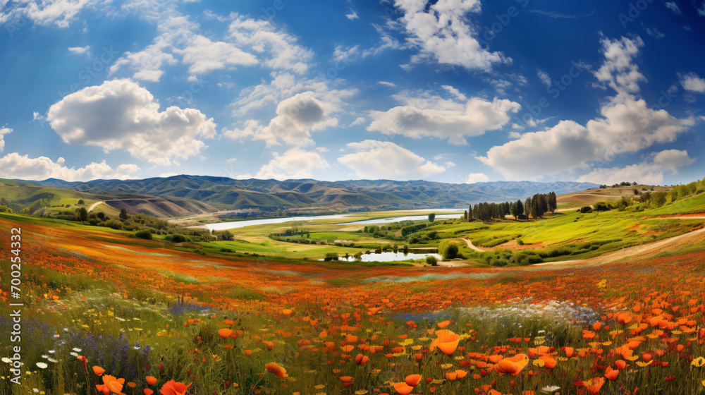 A panoramic view of a valley during spring bloom showcasing a tapestry of colors.