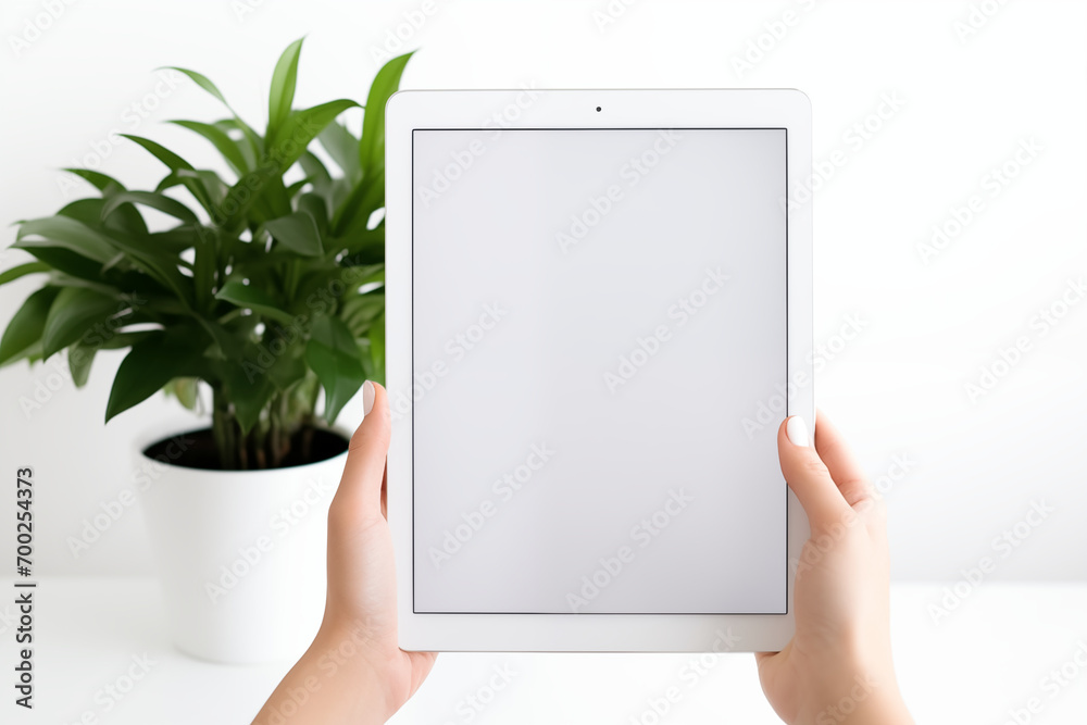 Mockup, woman's hand holding using tablet on a white isolated background , white blank screen for text, mobile app design and advertising, online marketing Mockup, woman's hand holding using tablet on a white isolated background , white blank screen for text, mobile app design and advertising, online marketing