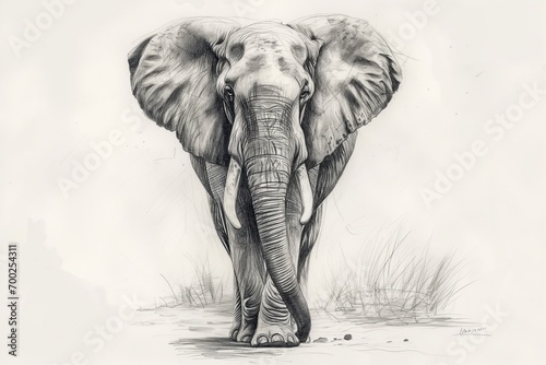 Pencil drawing of elephant in full length  front view portrait