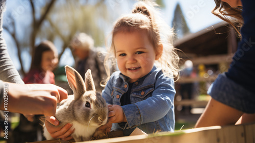 A petting zoo with children interacting with baby animals during Easter.