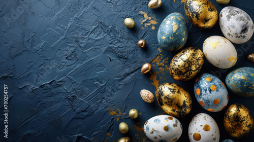 artisanal easter eggs with gold detailing on blue textured background, overhead view