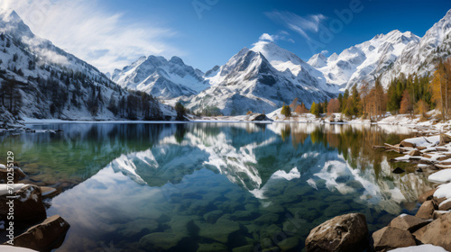 A pristine mountain lake nestled among snow-capped peaks with crystal-clear waters reflecting the majestic scenery.