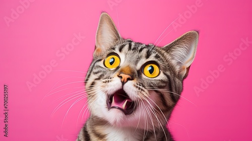 surprised cat makes big eyes close-up on a pink background