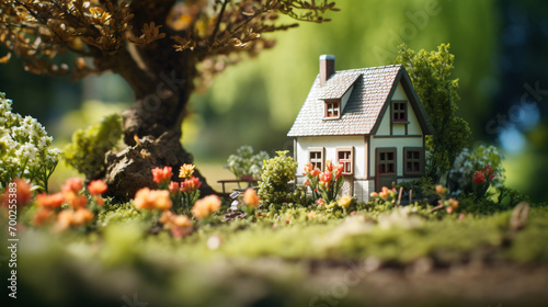 A quaint countryside cottage surrounded by spring flowers and greenery. photo