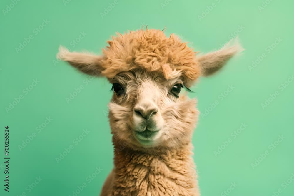 A close-up of a fuzzy brown and white alpaca with a soft, woolly head against a teal background.