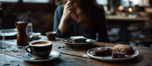 Girl enjoying coffee and chocolate alfajores on a table.