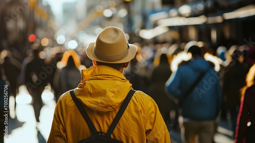 a person in a yellow jacket walking down a street