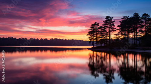 A serene lakeside scene at sunset with calm waters reflecting the colorful hues of the sky and silhouetted trees adding to the tranquility.