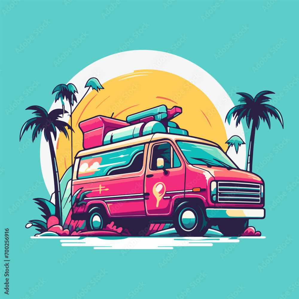 Vintage retro poster with car, suitcase, and Palm trees on the beach. Neon Retro color style.
