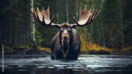 a moose is wading through a river in the woods photo