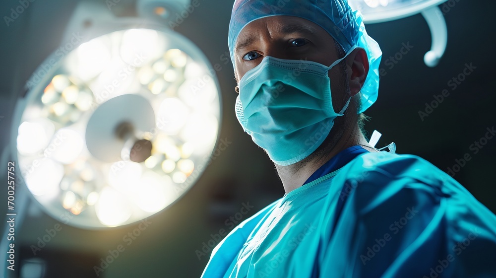 a surgeon in scrubs and a surgical mask in a operating room - obrazy, fototapety, plakaty 