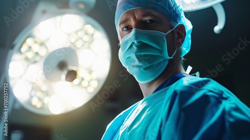 a surgeon in scrubs and a surgical mask in a operating room