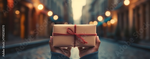 hands holding a wrapped gift against the background of a garland of lights