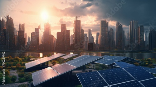 Solar panel array with a city skyline in background Ai Generative photo