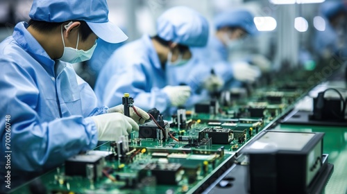 workers on mass production and quality control lines in electronics factories photo