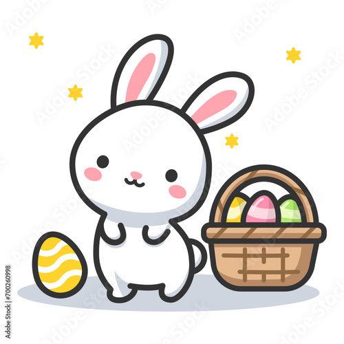 Cute easter bunny rabbit with basket of easter eggs, simple editable vector illustration. Happy Easter holiday.