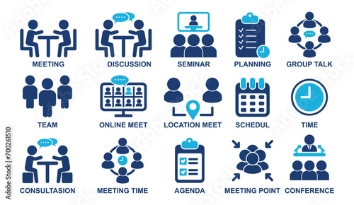 Meeting icons set, Business, Presentation, Interview, Conference, Agreement, Discussion Icons, Solid Icons set in trendy style