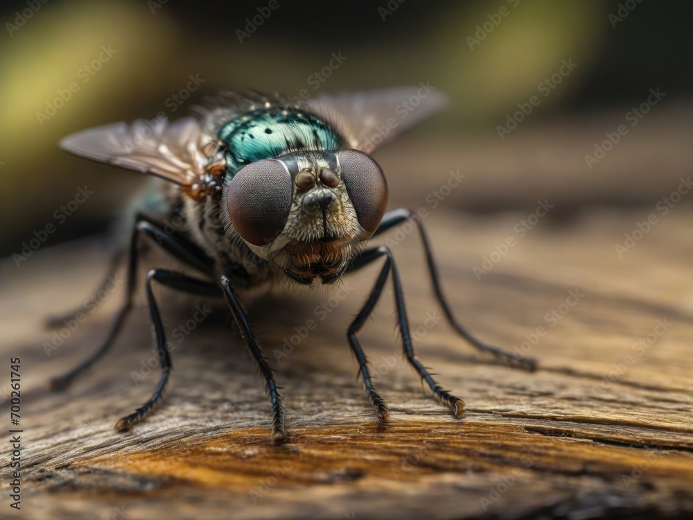 A close-up of a fly on a piece of wood, capturing intricate details of the insect and the texture of the wood. Generated with AI A close-up of a fly on a piece of wood, capturing intricate details of the insect and the texture of the wood. Generated with AI