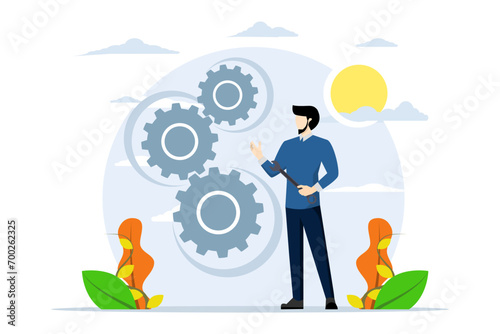 repair and maintenance service concept, businessman holding wrench to adjust gear settings. Adjustments and optimizations for business improvements, changes or upgrades for smooth driving. flat vector