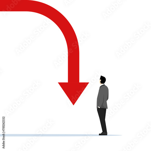 bankruptcy and crisis concept. A businessman sees a decline in a business graph diagram. economic downturn, inflation, recession, failure, financial crisis minimal graphic style.