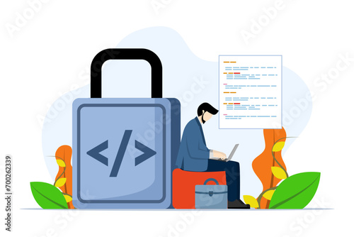 Open source programming concept. software programmers work to unlock with coding symbols, digital products include permission to use programming source code. flat vector illustration on background.