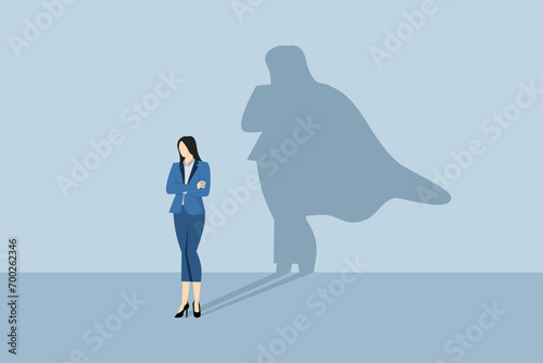 Businesswoman with superhero shadow, superhero leadership in business, successful and powerful leader, confident leadership, business success, ambition or power, career or promotion. flat vector.