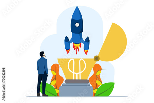 creativity concept for starting a business or breakthrough idea. A high-flying innovative rocket launch from a bright light bulb idea. entrepreneurship or startup, Innovation to launch new ideas.