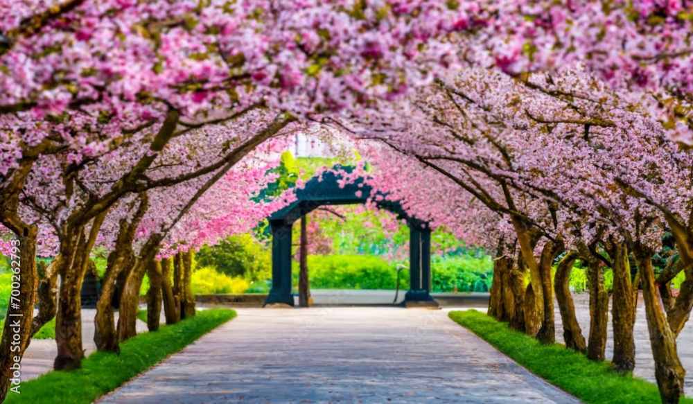 A captivating background featuring an archway of blooming cherry blossoms. Nature, Landscape, Park A captivating background featuring an archway of blooming cherry blossoms. Nature, Landscape, Park