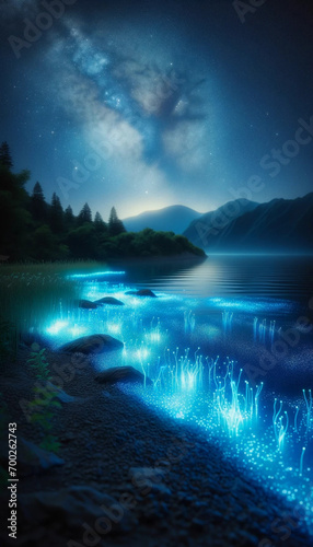 A bioluminescent lake at night  with glowing organisms in the water. 