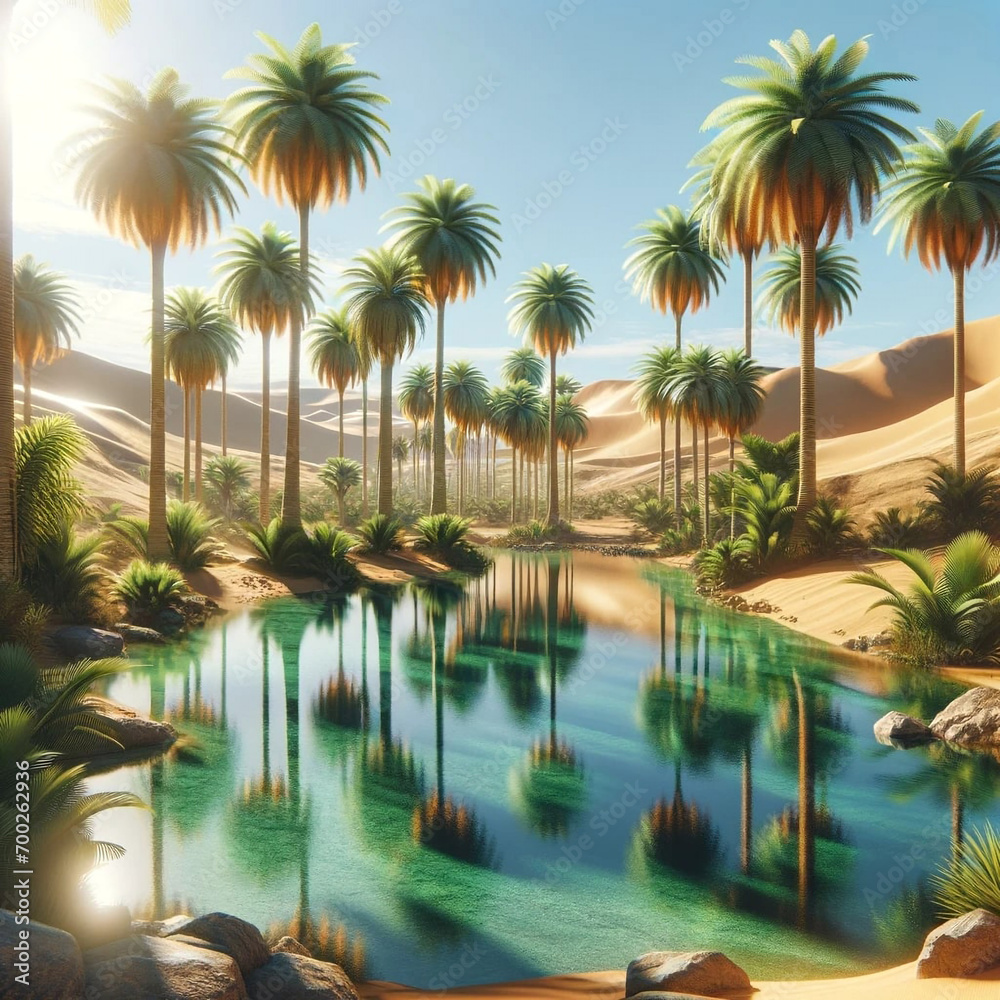 A desert oasis with a crystal-clear lake surrounded by palm trees. Landscape background, Nature
