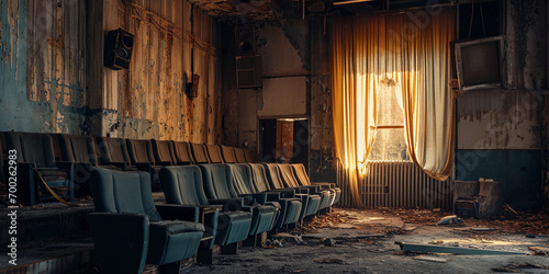 abandoned movie theater, torn seats, faded curtains, dusty projector © Gia